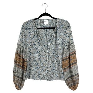 Misa Los Angeles Sheer Blue Cream Floral Boho Peasant Blouse